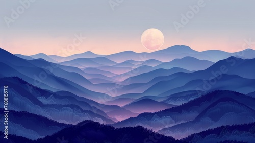 Mountain Serenade: minimalist depiction of mountains under a pastel-colored night sky, illuminated by the soft glow of moonlight. © Exnoi