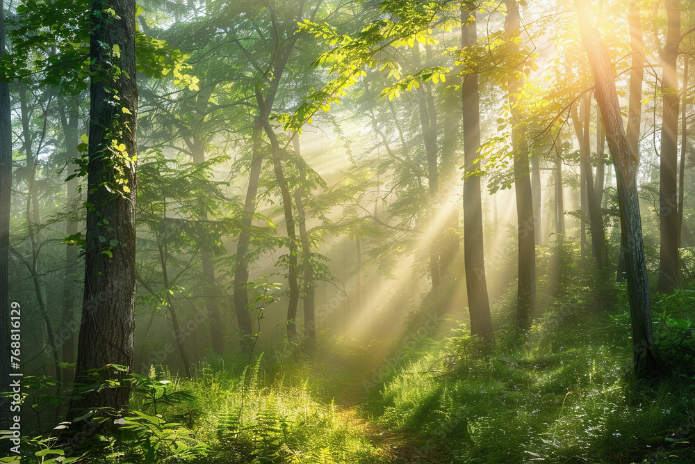 Forest Light Play, Sunrays Piercing Through the Verdant Canopy of a Misty Woodland