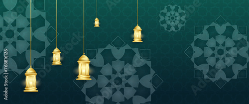 Green white and gold vector luxury and elegant banner template islamic with lamp and mandala ornament. For greeting card, advertising, discount, poster, background and banner