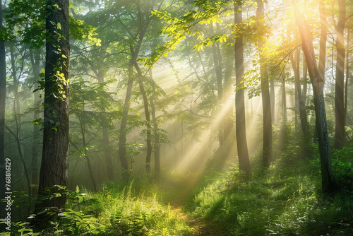 Forest Light Play  Sunrays Piercing Through the Verdant Canopy of a Misty Woodland