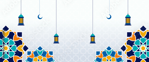 White orange and blue vector luxury and elegant banner template islamic with lamp and mandala ornament. For greeting card, advertising, discount, poster, background and banner