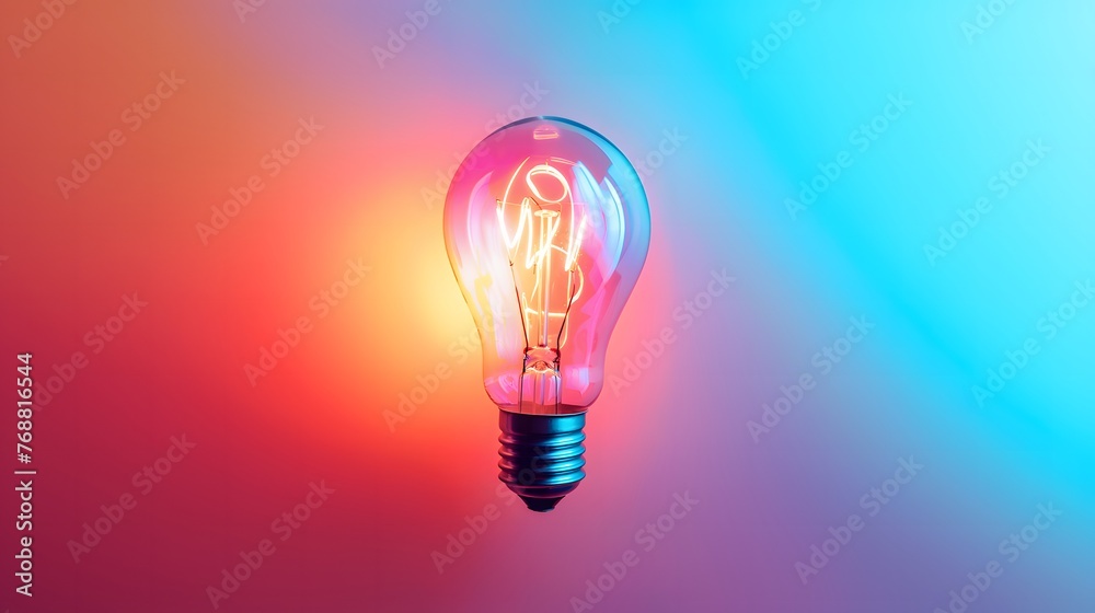 A glowing light bulb against a pink and blue gradient backdrop, represents a flash of inspiration or a creative idea. Generative AI A glowing light bulb against a pink and blue gradient backdrop, represents a flash of inspiration or a creative idea. Generative AI
