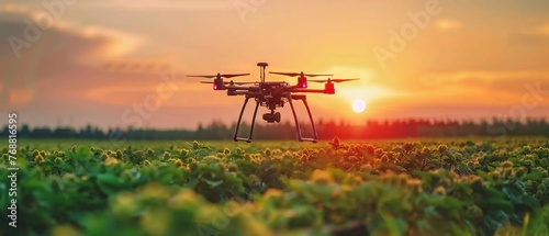 Digital devices in agriculture, drone and smart farming technology, green fields, sunny day, innovation in action , cinematic photo