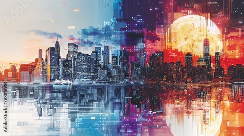 One side featuring a detailed pencil sketch of a city skyline  while the other side bursts with colorful  digital art of the same skyline at night  showing different artistic interpretations.