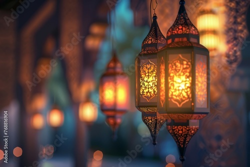 Ornamental Arabic lantern with burning candle glowing in dark. Festive greeting card, invitation for Muslim holy month Ramadan Kareem. High quality photo