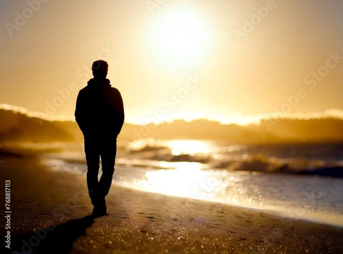Unrecognizable person walking by the shore of the beach at sunset
