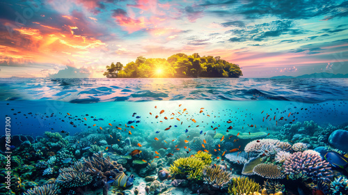 A coral reef stretches beneath the oceans surface, with a tropical island visible in the distant background