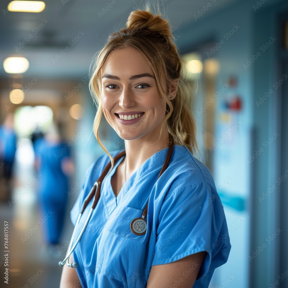 Nurse beginning the shift with a cheerful attitude providing comfort and care to patients Nurse beginning the shift with a cheerful attitude providing comfort and care to patients