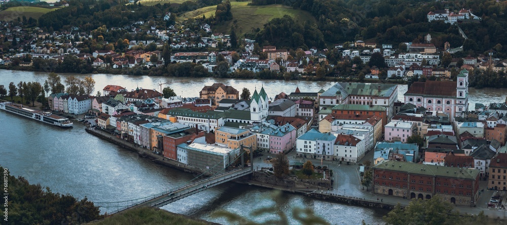 Beautiful view of the bustling colorful cityscape of Passau from Veste Oberhaus