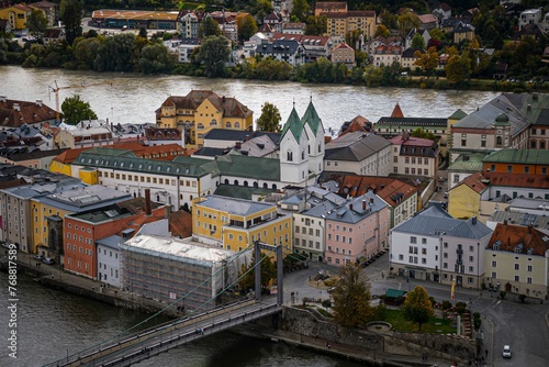 Beautiful view of the bustling colorful cityscape of Passau from Veste Oberhaus photo