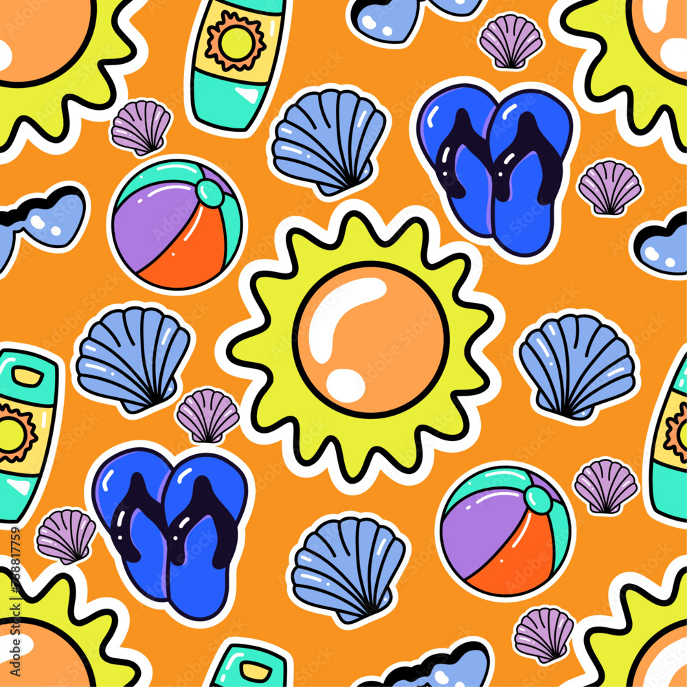 Beach Vibes: Colorful Vector Seamless Pattern Featuring Sun, Flip Flops, Beach Balls, Sunglasses, and Seashells
