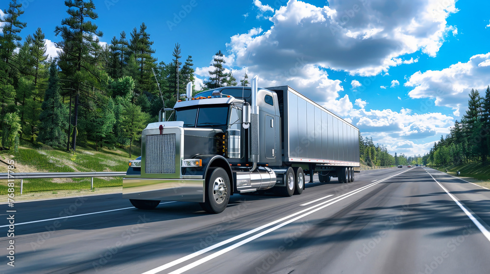 A cargo semi-truck is seen driving down a road in a desert landscape