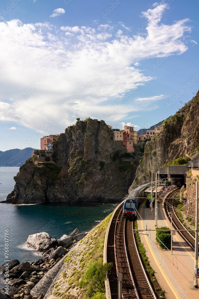 Natural view of the coastal railroad and island in Corniglia, Cinque Terre, Italy