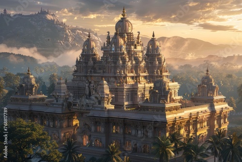 Majestic Hindu temple with jungle and mountains in the background