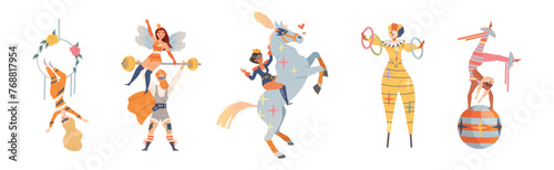 Circus Man and Woman Performer Showing Stunt and Trick Vector Set