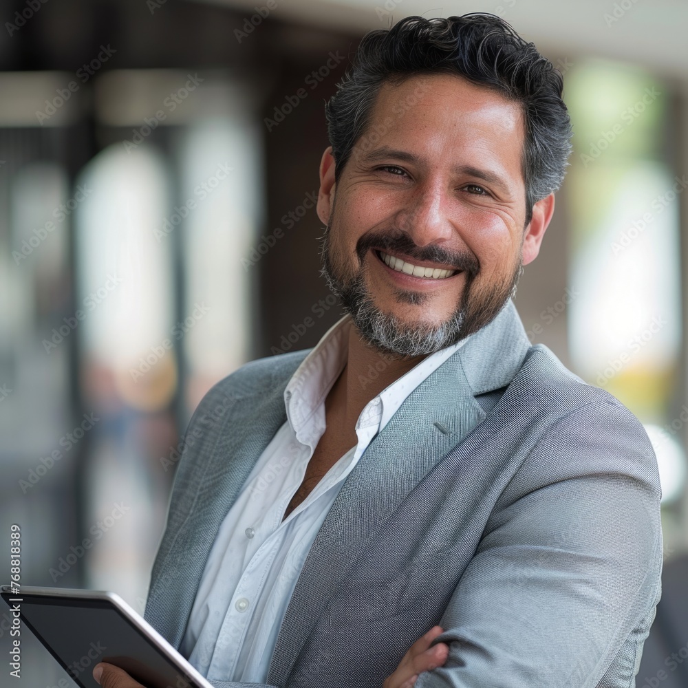 Fototapeta premium Smiling Hispanic businessman 40-50 years old, active business man in front of his office
