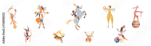 Circus Man and Woman Performer Showing Stunt and Trick Vector Set