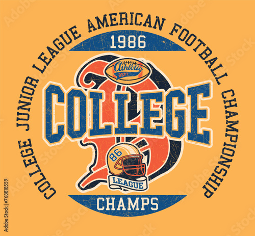 College junior league American football team champs vector print for children wear with embroidery patches grunge effect in separate layer