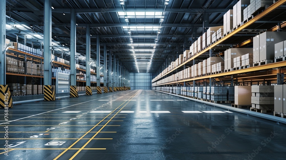 Obraz premium Spacious and organized warehouse interior with stocked shelves and clear aisle for logistics efficiency. Modern Warehouse Interior with Rows of Shelves 