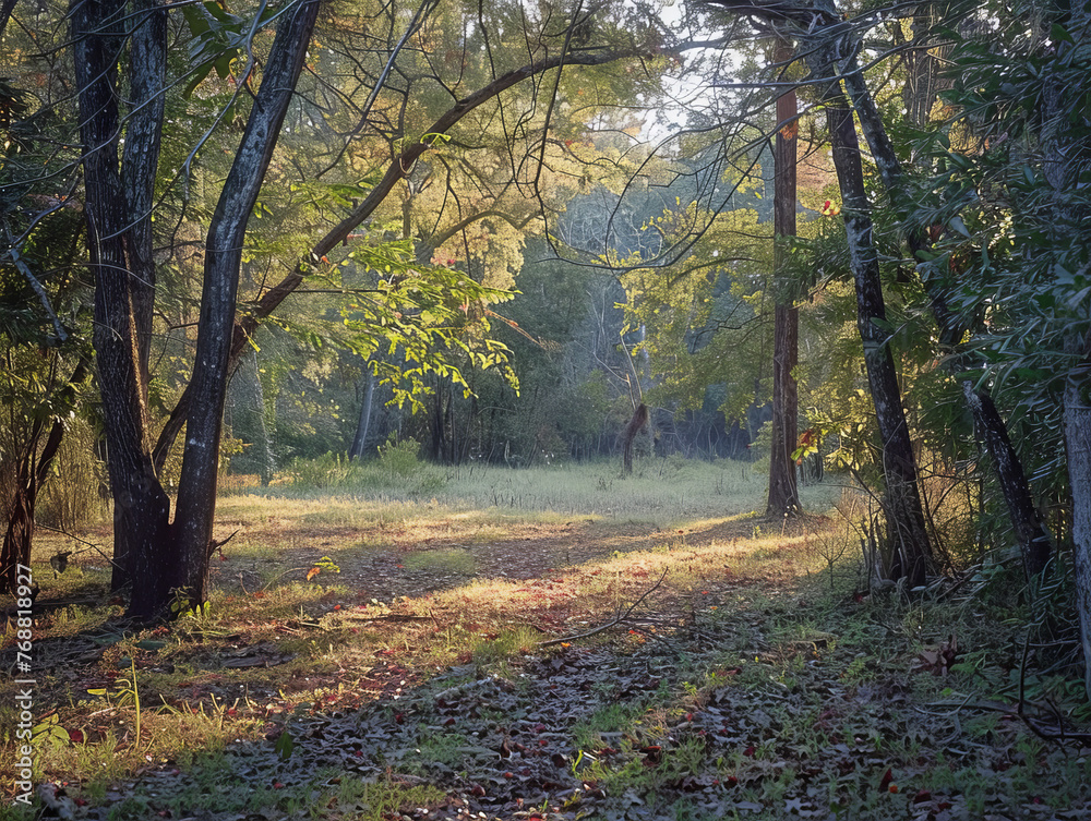 A gently lit path through the woods, capturing the quiet and solitude of nature in the early morning light