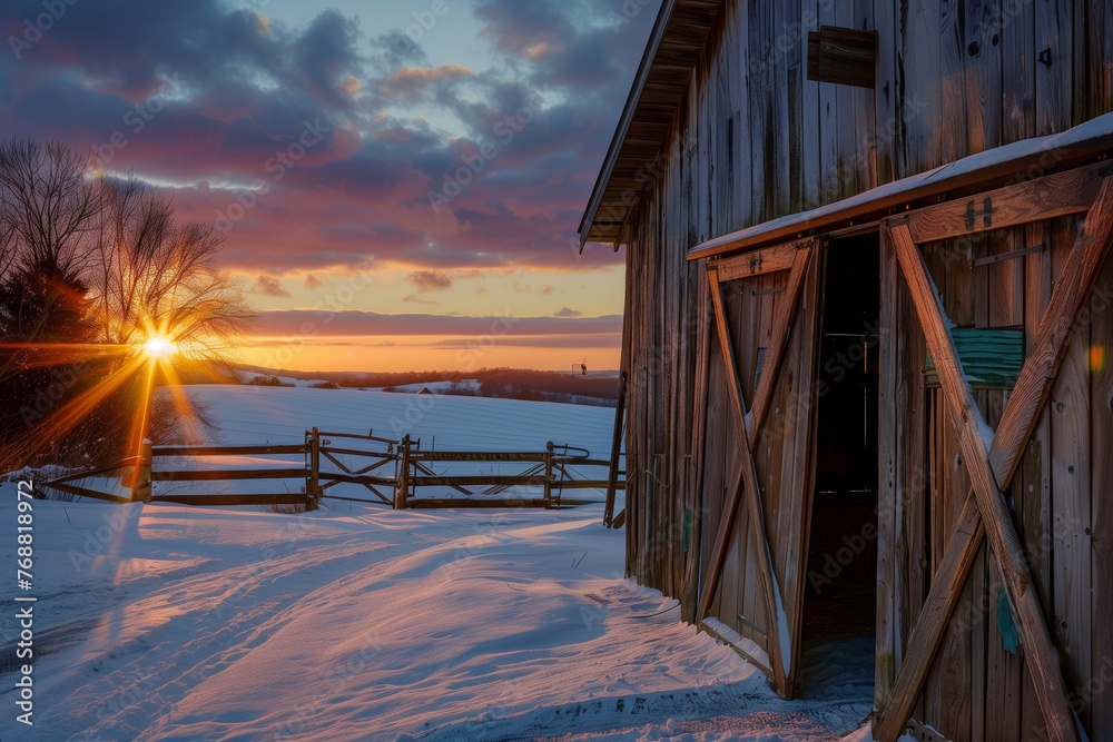 farmer closing barn doors, sunset illuminating the snowy landscape