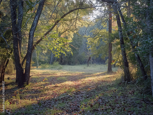 A gently lit path through the woods  capturing the quiet and solitude of nature in the early morning light