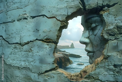 Illustration of a human face made of stone on a rocky beach