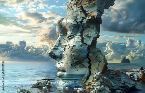 Illustration of a frozen, rocky human face in a wintery seascape