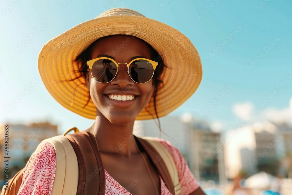 Happy young african american tourist woman wearing beach hat, sunglasses and backpacks going to travel on holidays on citiy background