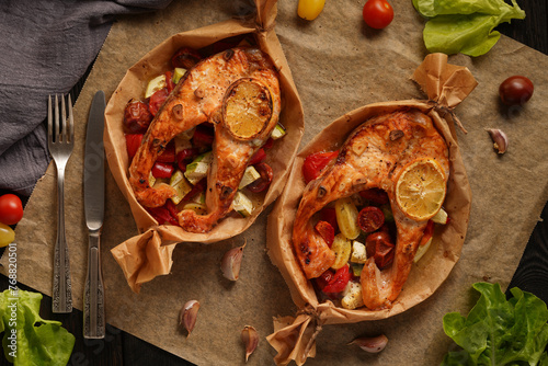 Grilled salmon with vegetables in paper bags, top view, on a dark background