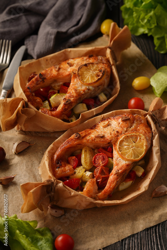 Baked salmon with vegetables on a dark background