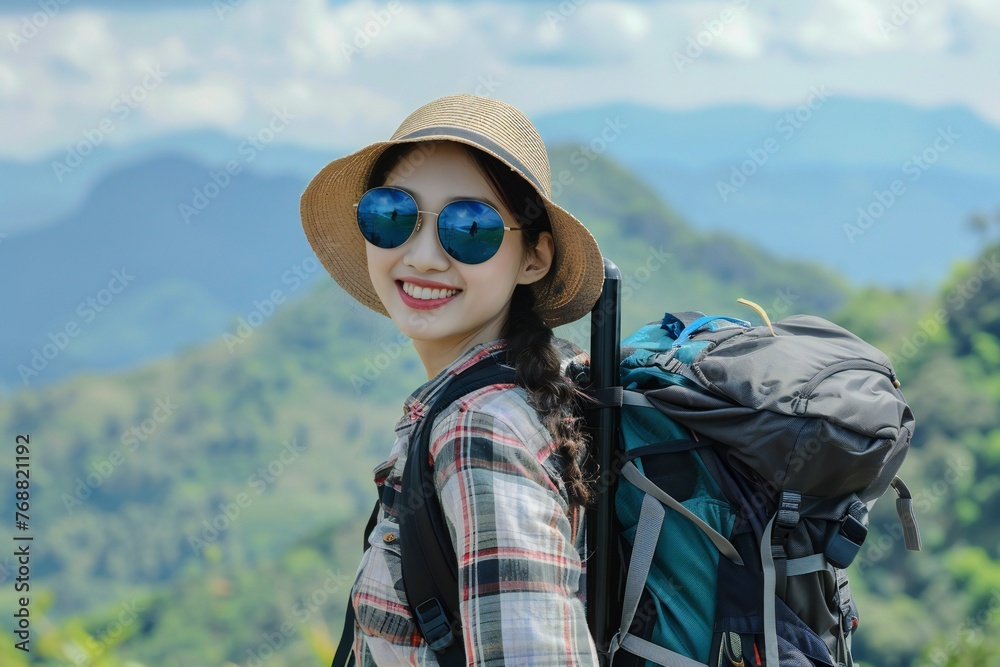 Happy young Asian tourist woman wearing beach hat, sunglasses and backpacks going to travel on holidays on mountains background
