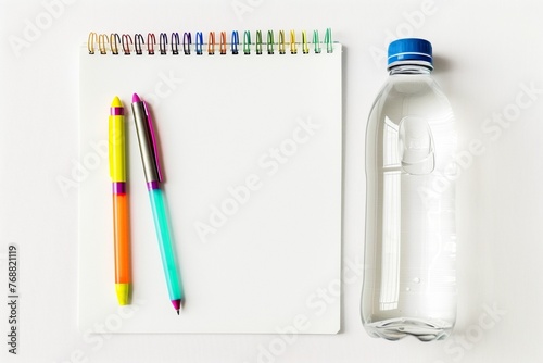 a glass water bottle and a colorful pen set on a blank white notepad