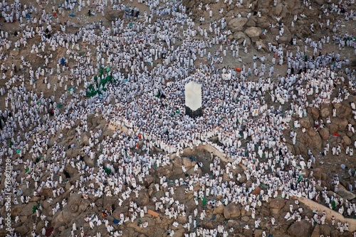 Pilgrims gather at Mount Rahma (Mercy) in the Arafat area, Saudi Arabia. photo