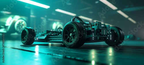 3D graphics rendering showing a fully developed prototype of an electric vehicle chassis, allowing you to see the layout of components and assemblies. Blue neon lighting. Future is now.