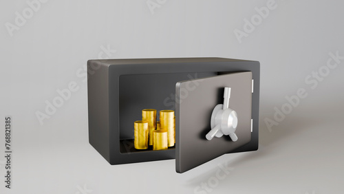 safe box with golden coins on white background, 3d render 