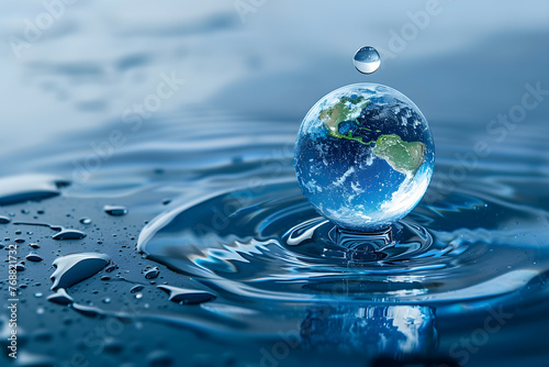 A water drop with the Earth inside, commemorating World Water Day and promoting water conservation and sustainability.