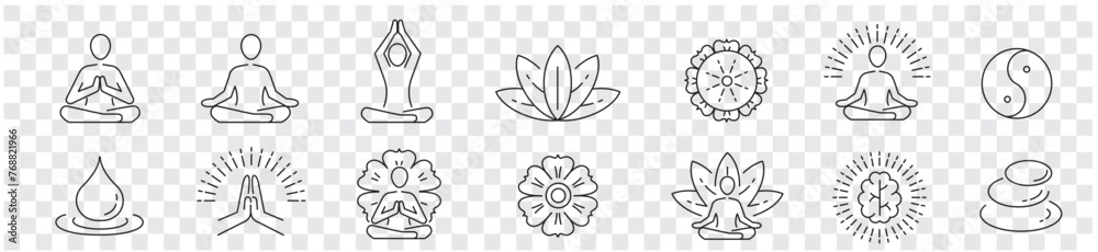 Meditation Practice Yoga and Zen icons set. Relaxation Inner Peace Self-knowledge Inner Concentration Editable Stroke Line icons collection Vector. - obrazy, fototapety, plakaty 