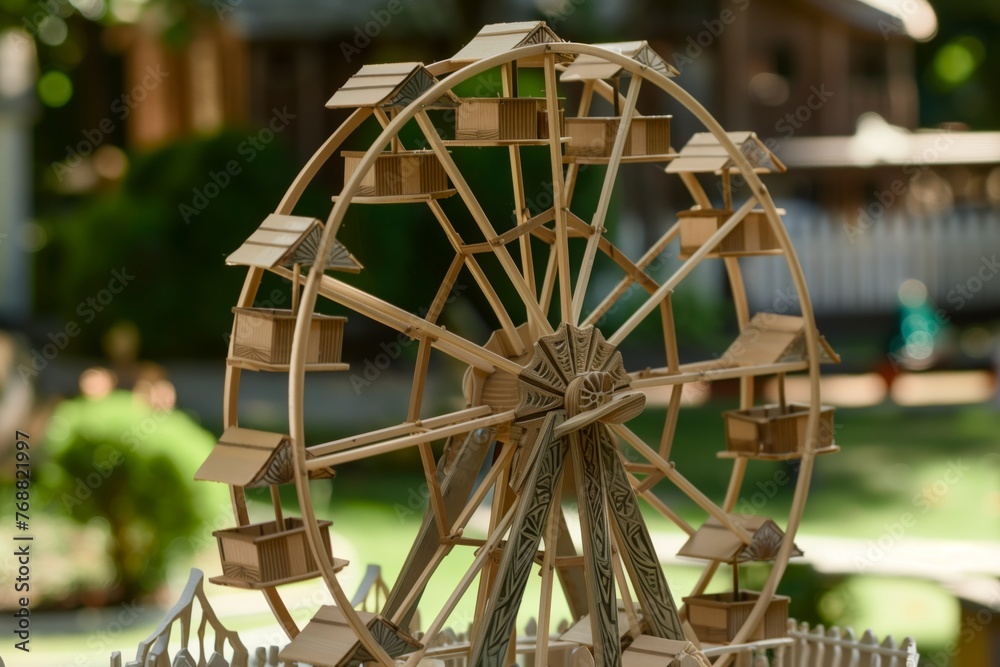 miniature wooden ferris wheel with cabins in a theme park model
