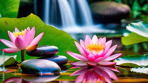 Beautiful lotus flower in the pond with black stones and waterfall