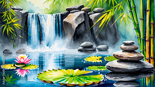 Watercolor painting of waterfall and lotus flower in the pond.