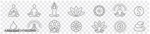 Meditation Practice Yoga and Zen icons set. Relaxation Inner Peace Self-knowledge Inner Concentration Editable Stroke Line icons collection Vector.