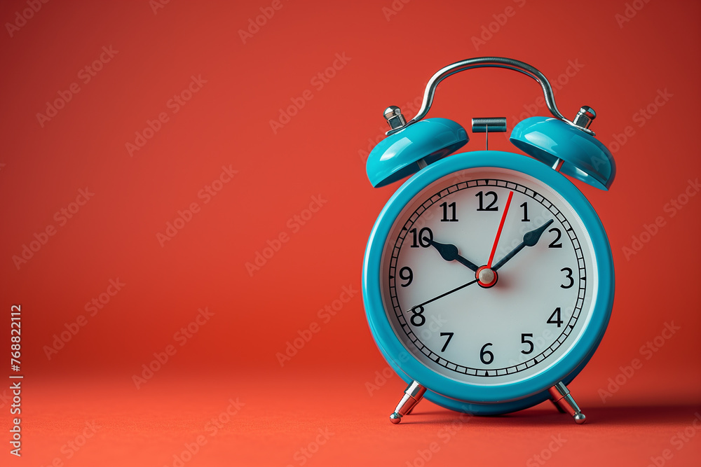 A blue clock face with an alarm set pastel red background