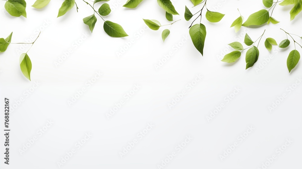 Fresh green leaves on branches with a clean white background