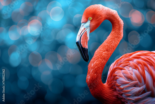 Pink flamingo with detailed feather on dark blue background