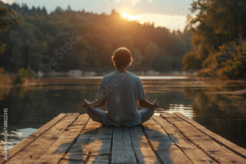  Young man meditating on a wooden pier at the lake photo