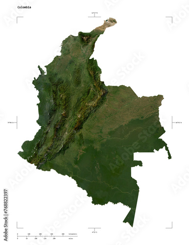 Colombia shape isolated on white. Low-res satellite map