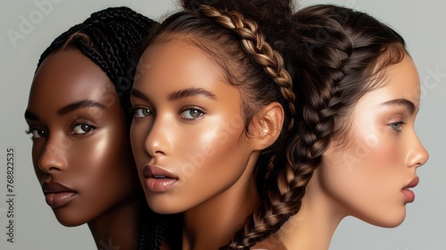 Close-up portrait of three young multiethnic women with stylish hairdo. Charming dark-skinned girls with thin African braids, gathered into a hairstyle. Diversity and ethnic style in street fashion. photo