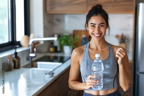 Happy smiling fit woman in activewear holding bottle of water and posing in the kitchen after fitness workout at home
