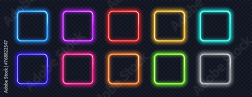 Neon square frame set realistic. Colorful glowing rectangle borders isolated. Action button UI elements with copy space.